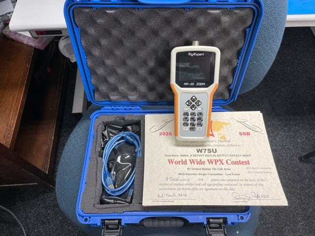 RigExpert antenna analyzer and accessories in open blue hard case