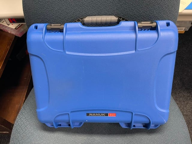 Closed blue hard case for RigExpert antenna analyzer